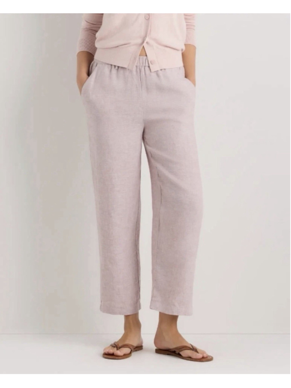 Quince European Linen Pants Large Vintage Pink Chambray Pockets Hi-Rise Pull On